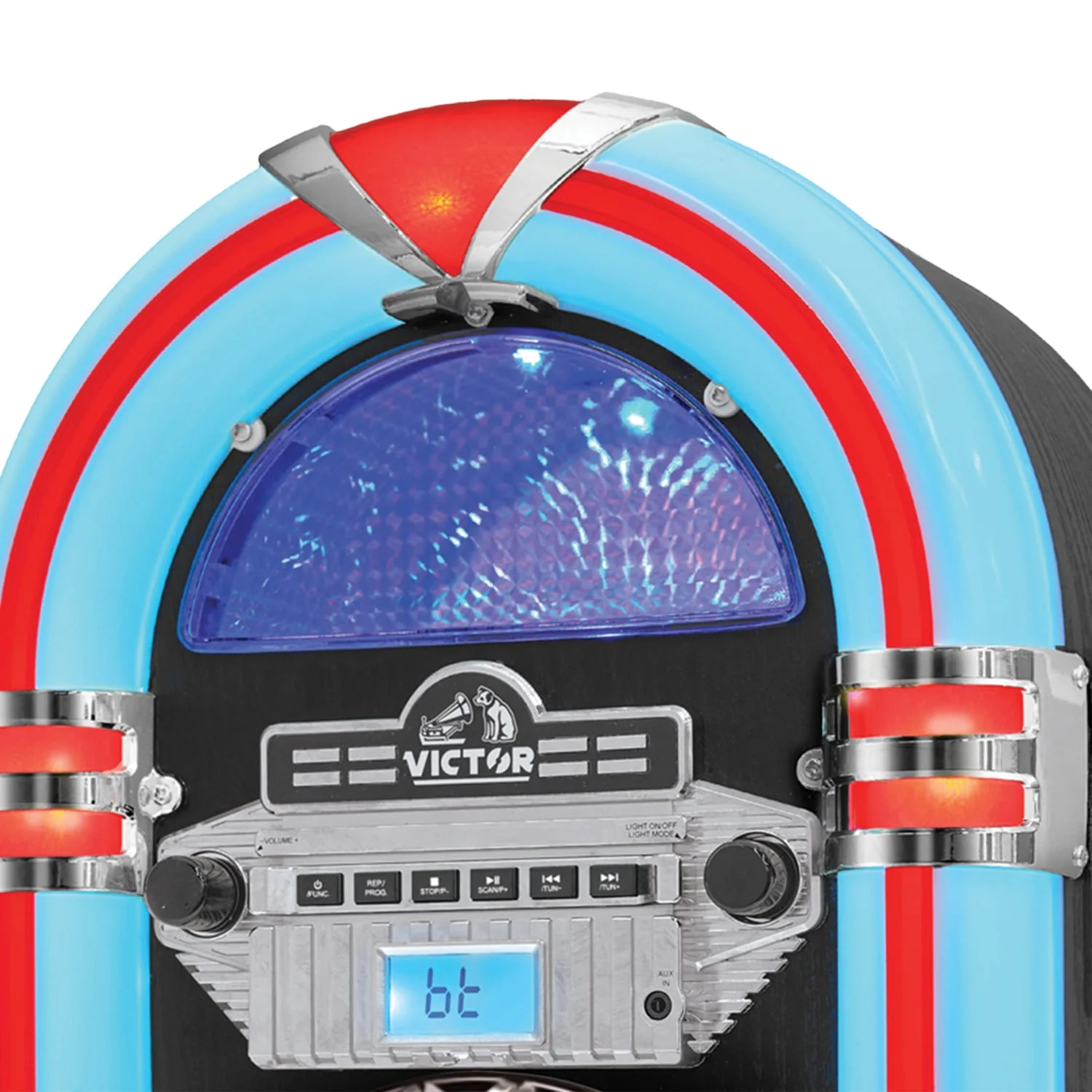 Victor 10-Watt Broadway Desktop Bluetooth Home Jukebox with Built-in Speakers, LED Lights, CD Player, FM Radio, and Aux, VDTJ-1550-BK - Image 4