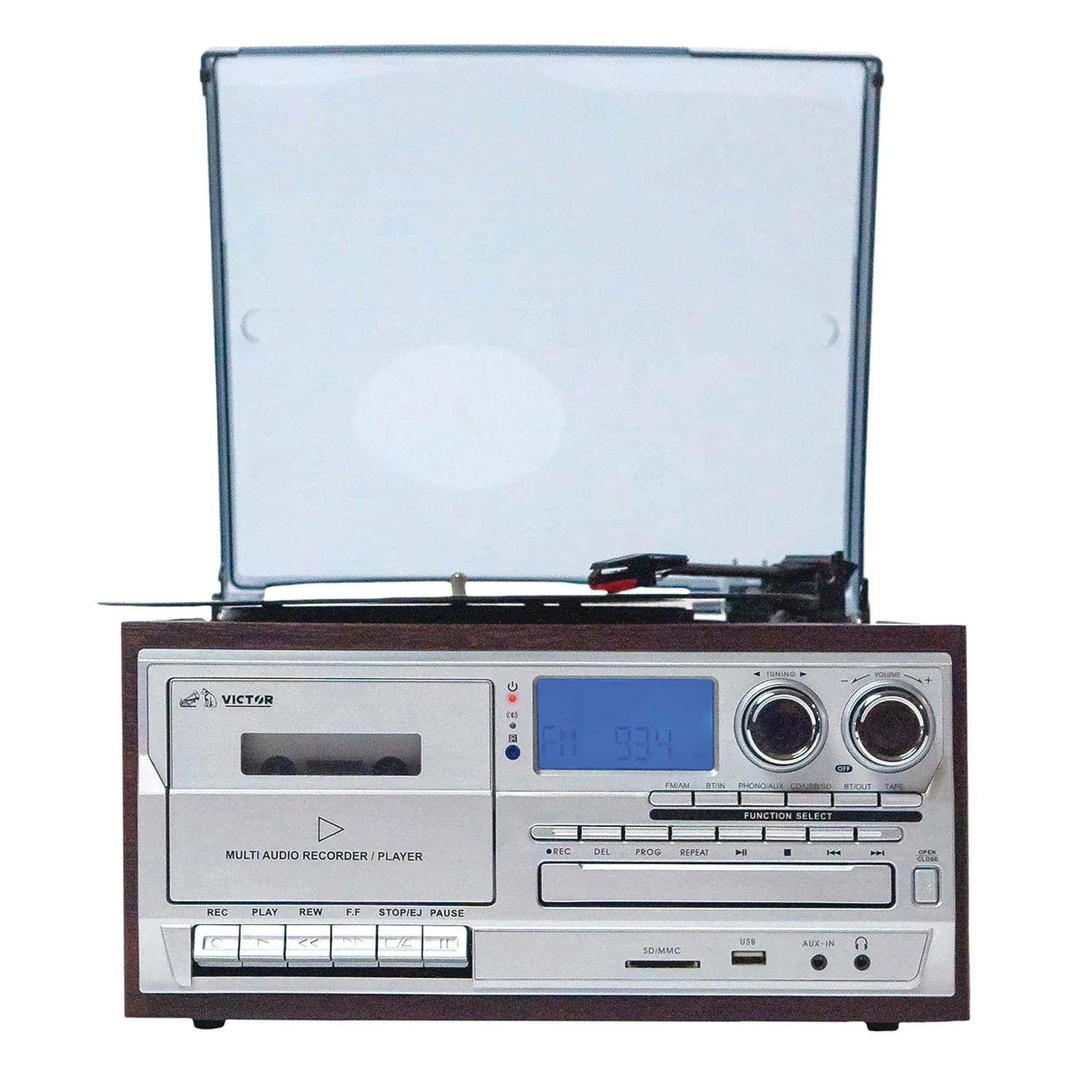 Victor 10-Watt Cosmopolitan 3-Speed Belt-Drive Manual Turntable with Built-in Speakers, Bluetooth In/Out, CD/Cassette Players, AM/FM, and 45 Adapter