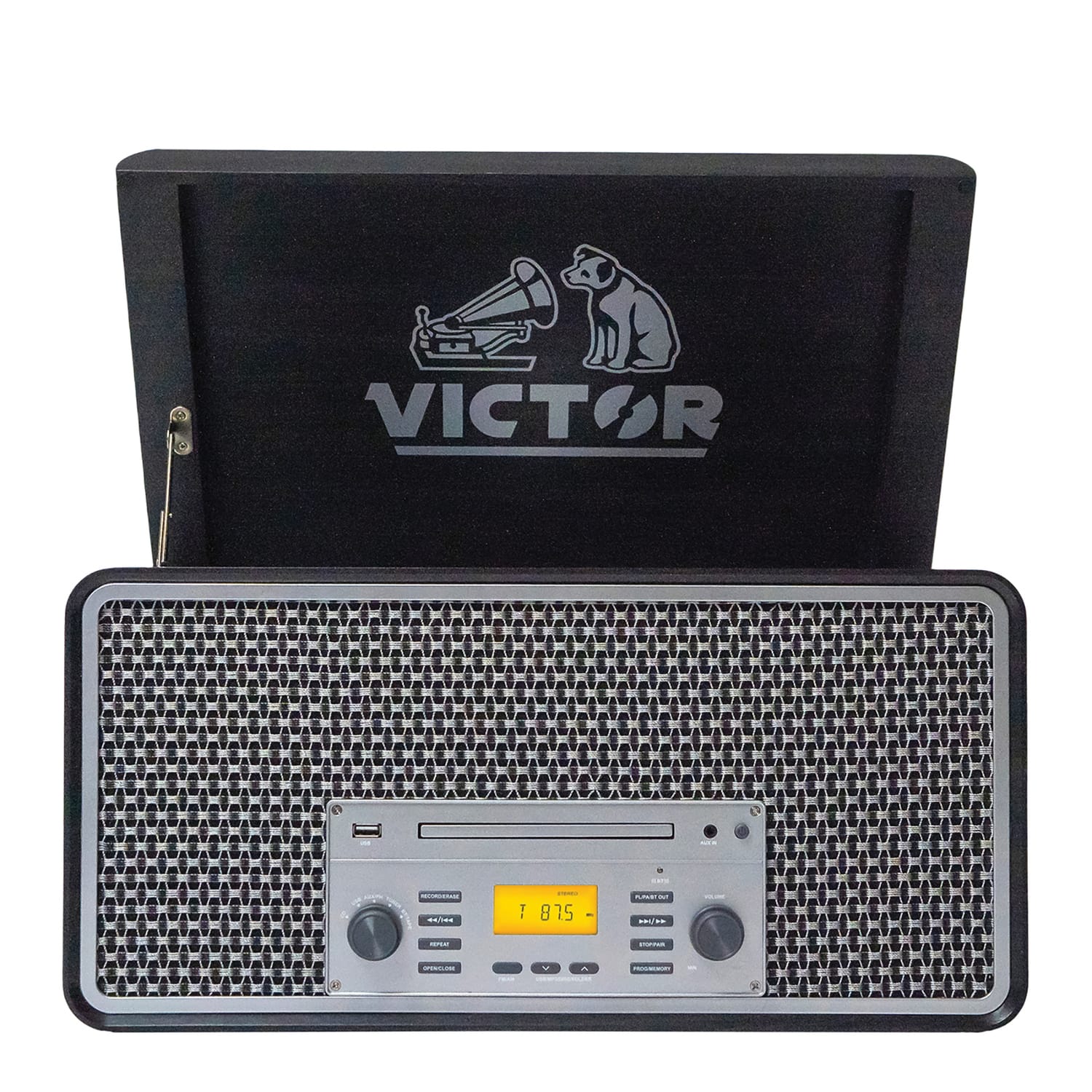 Victor 4-Watt Monument 3-Speed Belt-Drive Manual Turntable with Built-in Speakers, Bluetooth In/Out, CD/Cassette Players, AM/FM, and 45 Adapter - Image 3