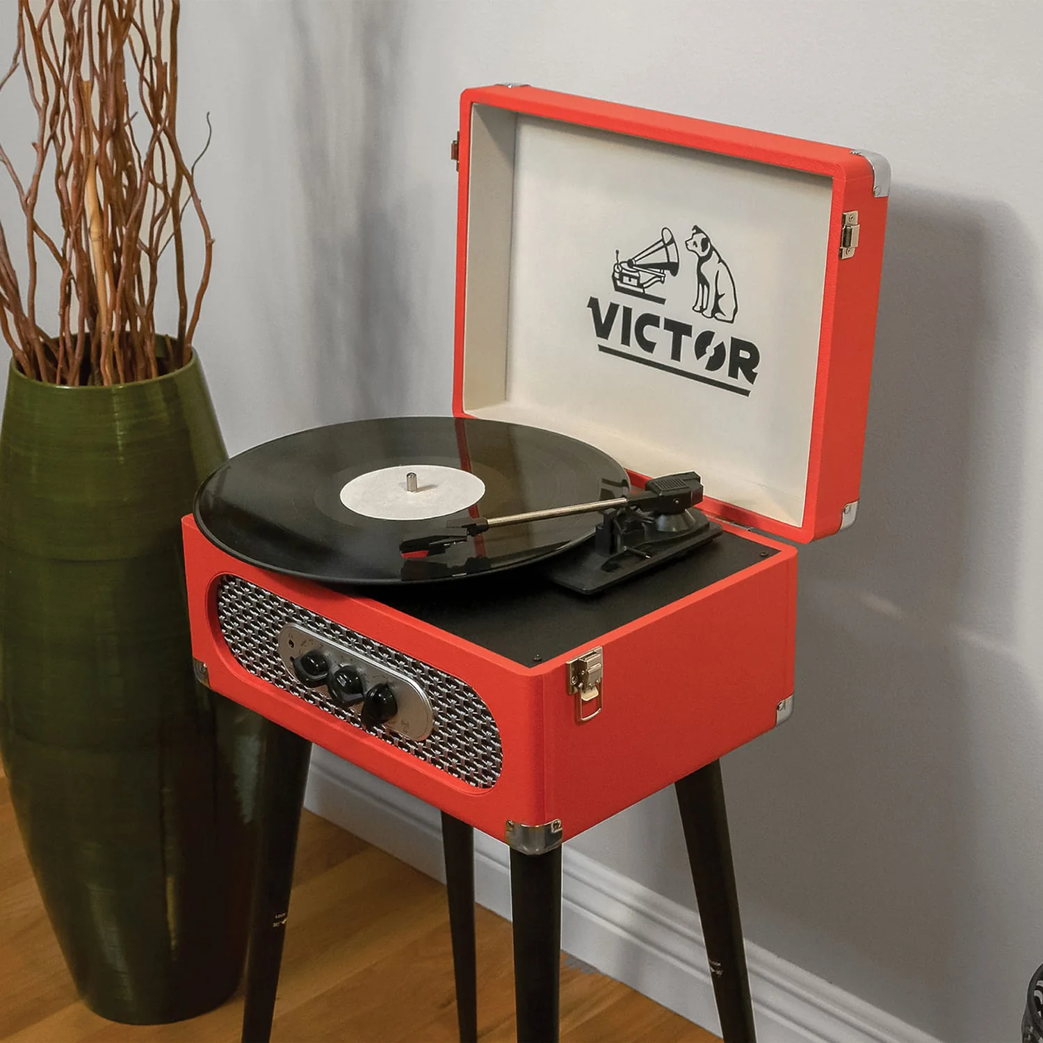 Victor 6-Watt Andover 3-Speed Belt-Drive Manual Suitcase Turntable with Built-in Speakers, Bluetooth In/Out, FM, 45 Adapter, and Legs, Red - Image 4