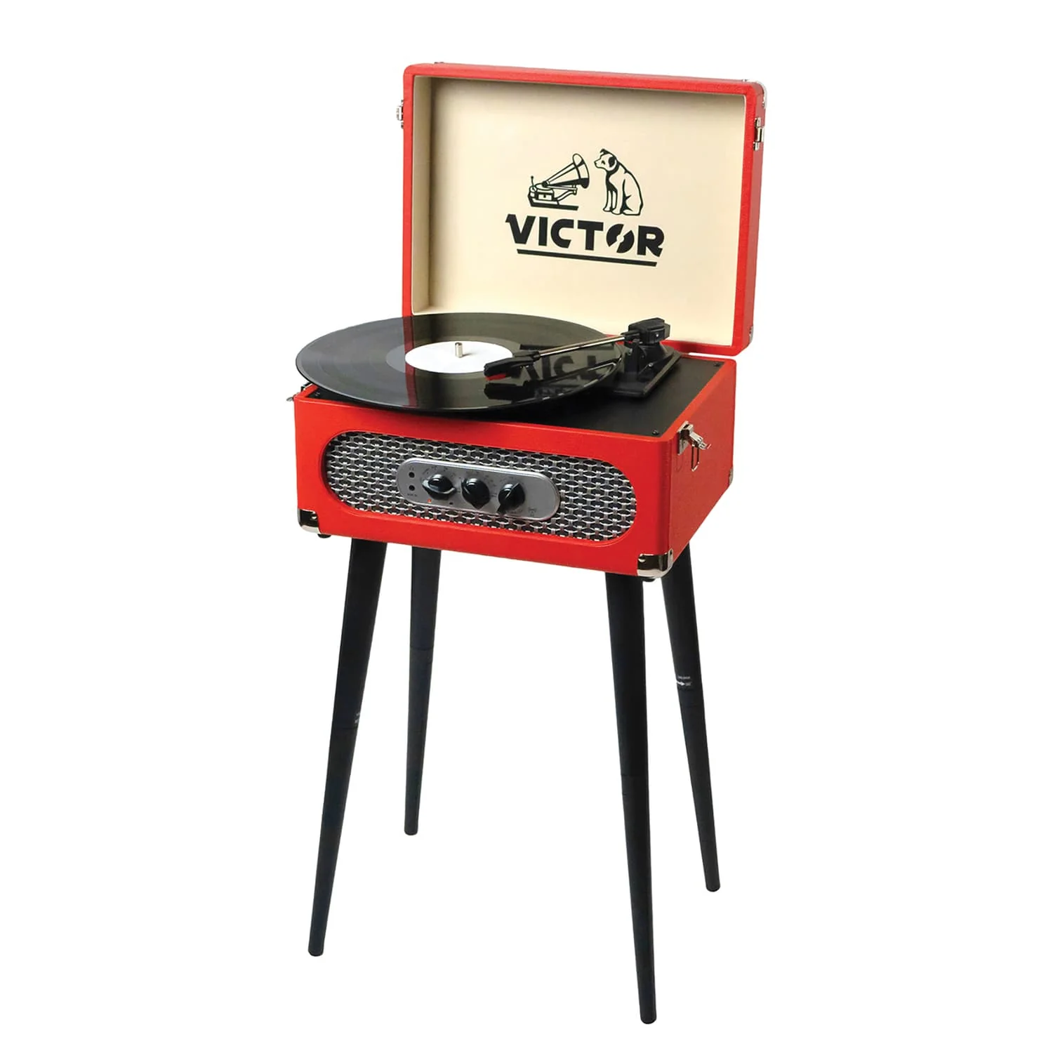 Victor 6-Watt Andover 3-Speed Belt-Drive Manual Suitcase Turntable with Built-in Speakers, Bluetooth In/Out, FM, 45 Adapter, and Legs, Red - Image 5