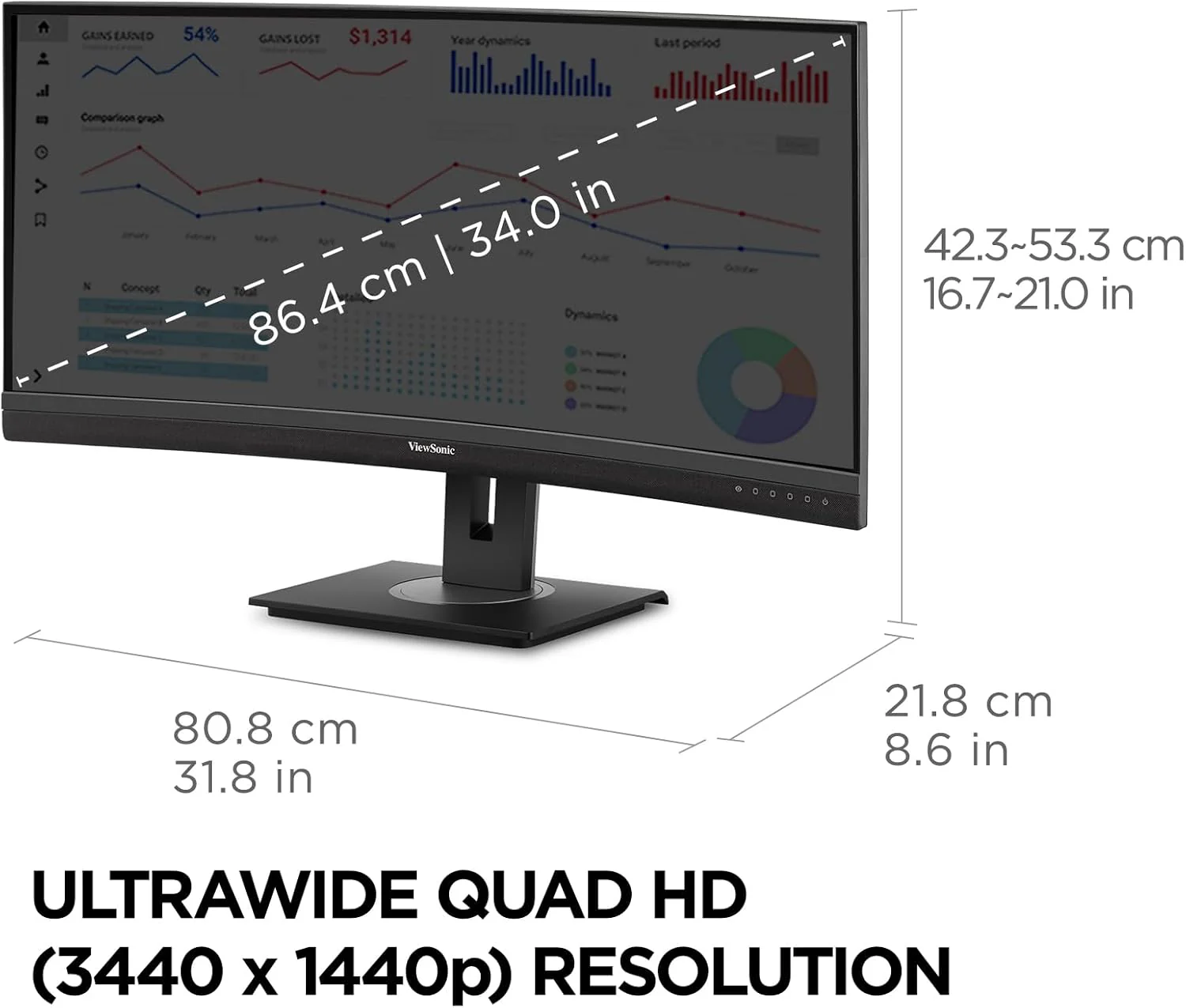 ViewSonic 34" 21:9 1440p Curved Monitor with Ergonomic Design, 100W USB C, 100 Hz, Black - Certified Refurbished - Image 6
