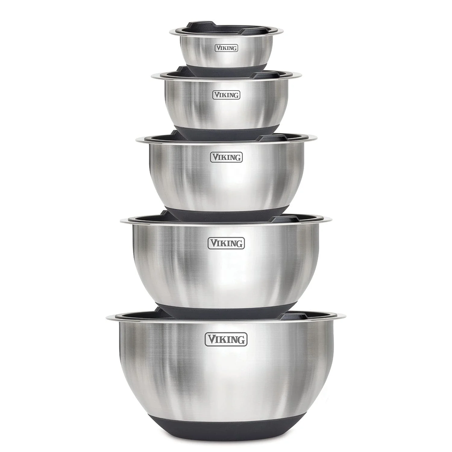 Viking 10-pc Stainless Steel Mixing Bowl Set with Lids and Silicone Nonslip Base, Black