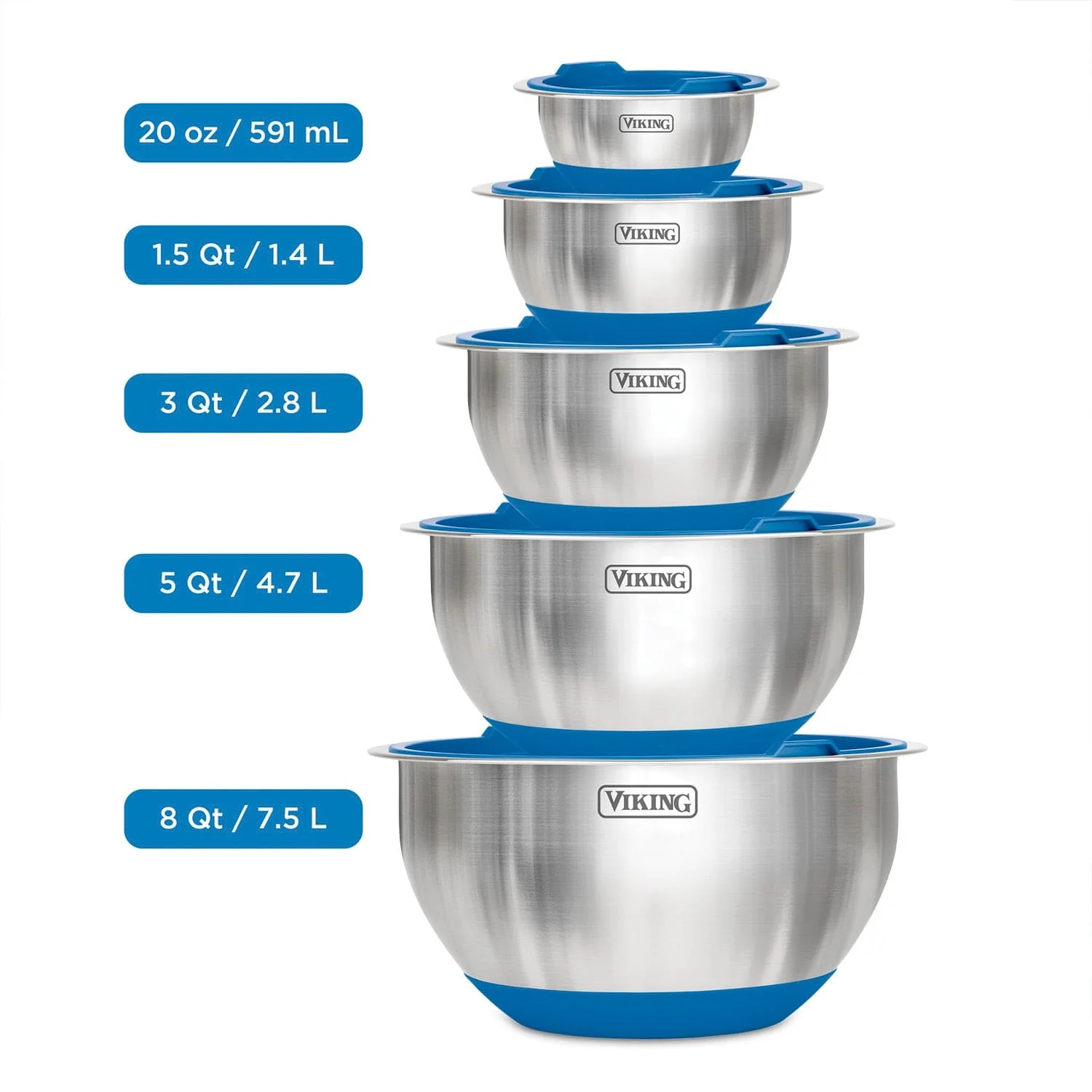 Viking 10-pc Stainless Steel Mixing Bowl Set with Lids and Silicone Nonslip Base, Blue - Image 2