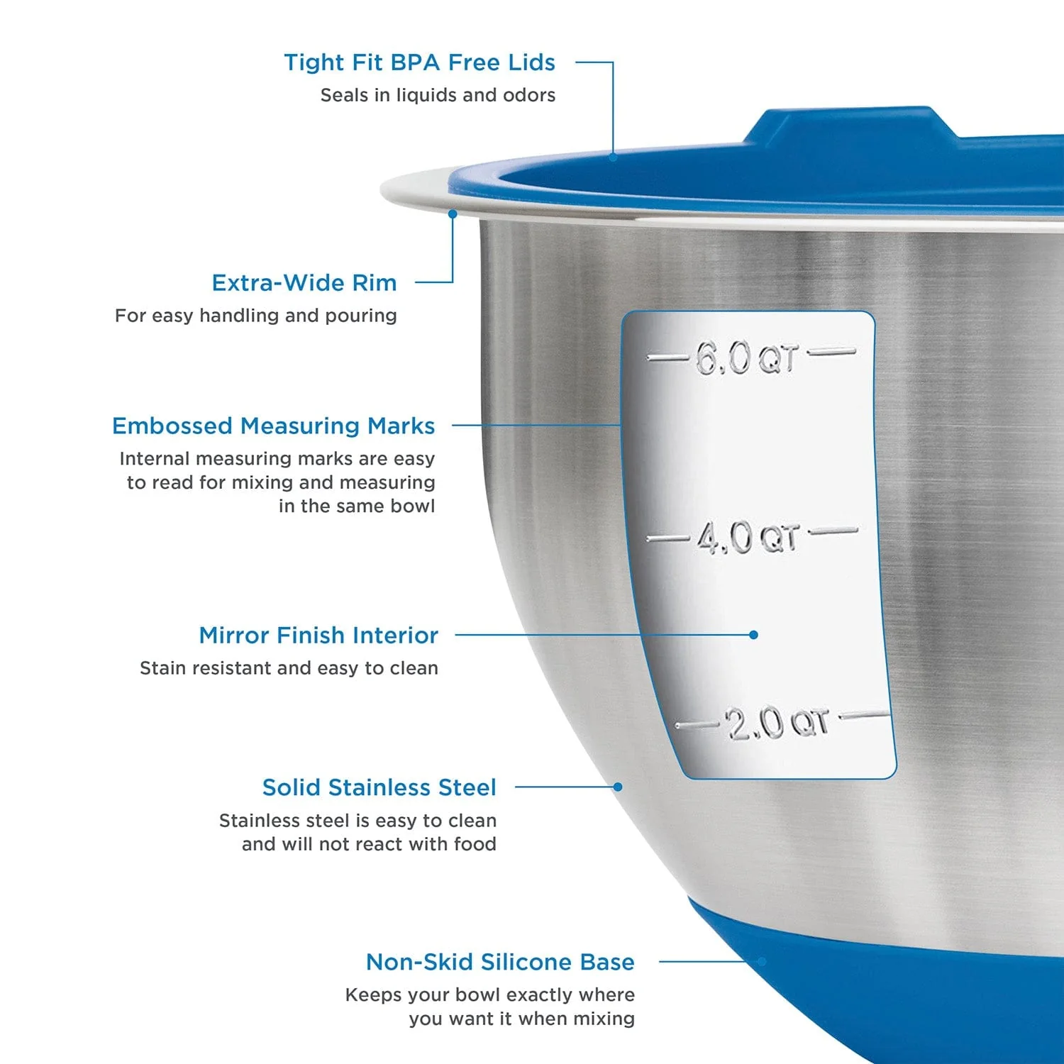 Viking 10-pc Stainless Steel Mixing Bowl Set with Lids and Silicone Nonslip Base, Blue - Image 3