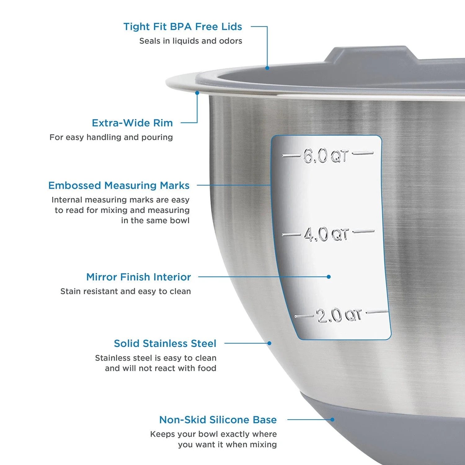 Viking 10-pc Stainless Steel Mixing Bowl Set with Lids and Silicone Nonslip Base, Grey - Image 2