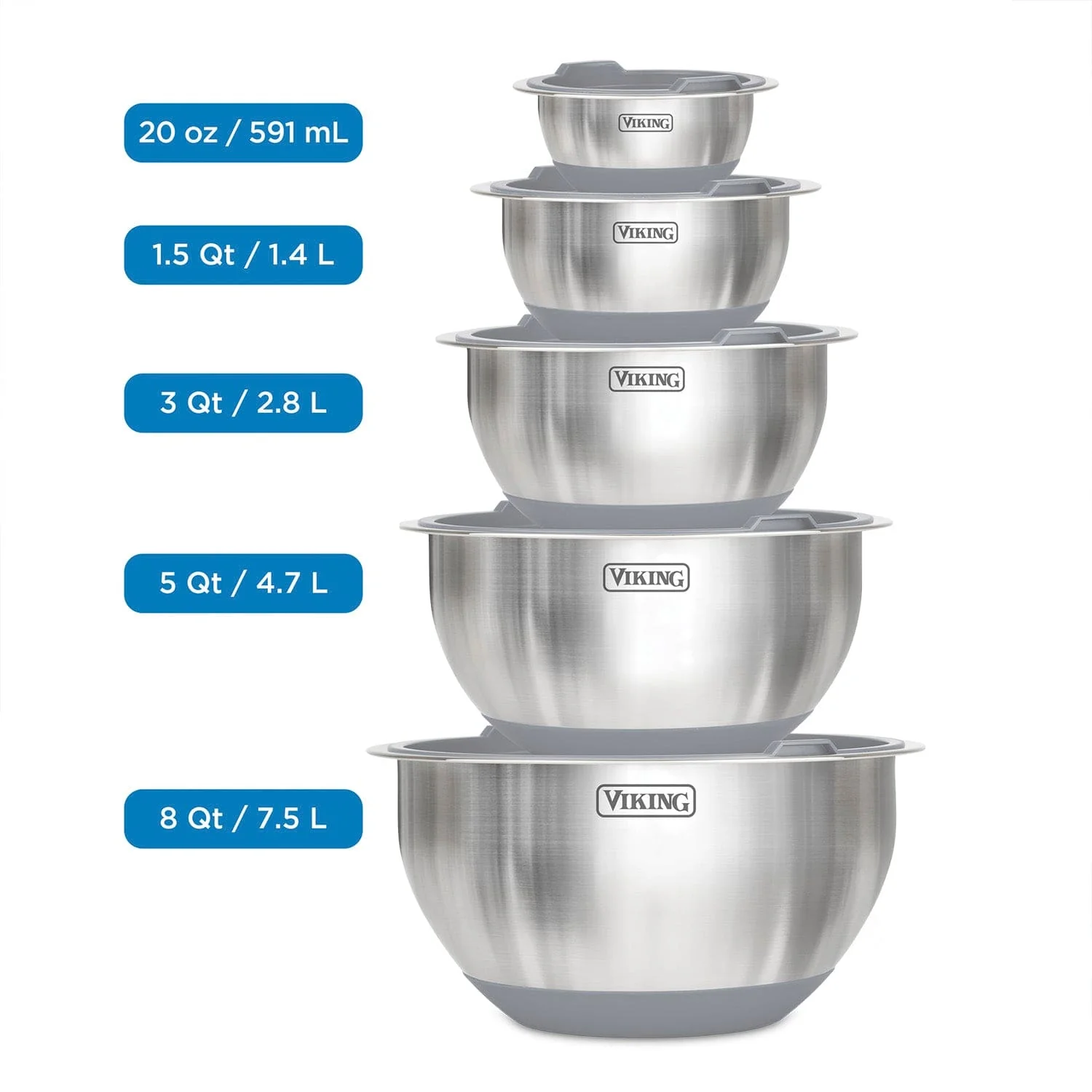 Viking 10-pc Stainless Steel Mixing Bowl Set with Lids and Silicone Nonslip Base, Grey - Image 3
