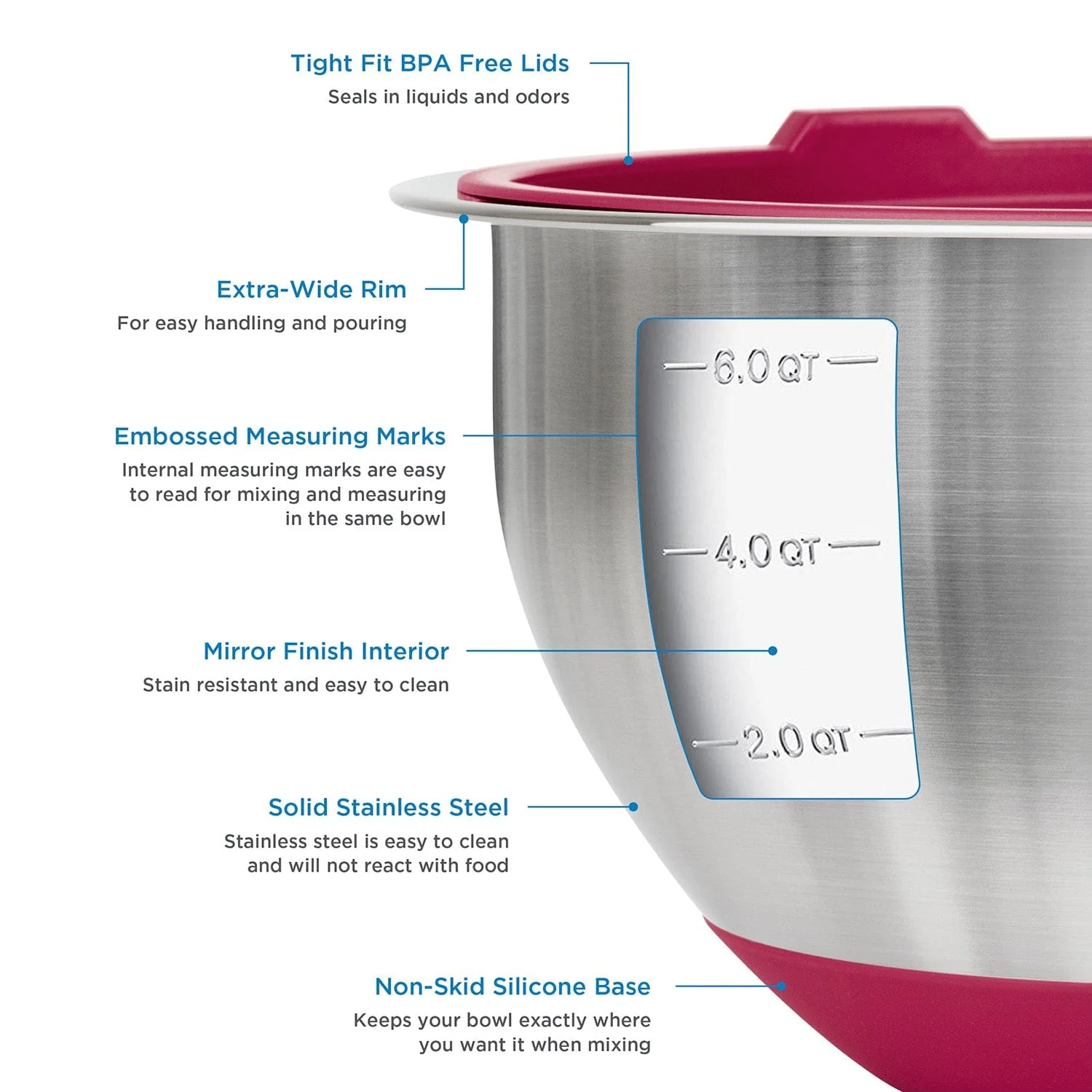 Viking 10-pc Stainless Steel Mixing Bowl Set with Lids and Silicone Nonslip Base, Red - Image 5