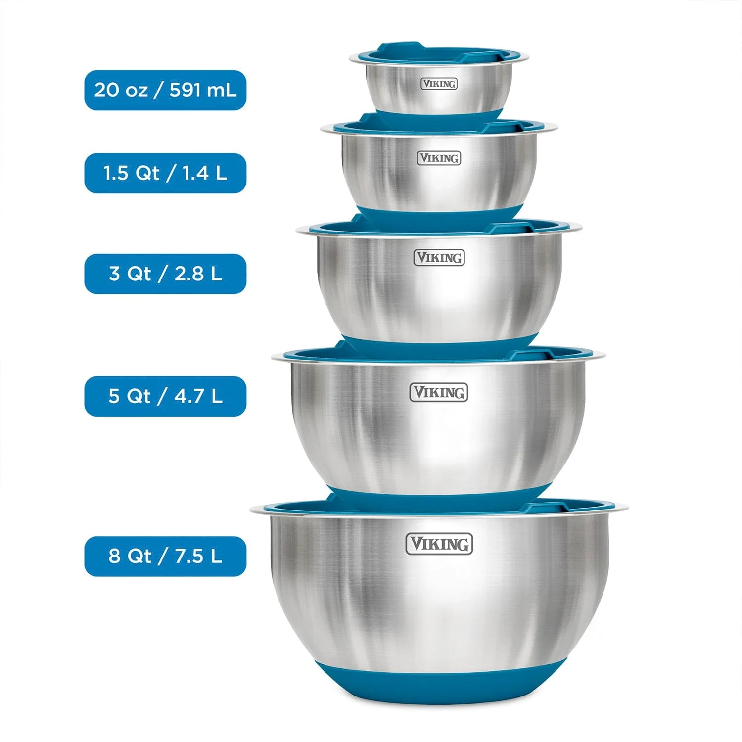 Viking 10-pc Stainless Steel Mixing Bowl Set with Lids and Silicone Nonslip Base, Teal - Image 2