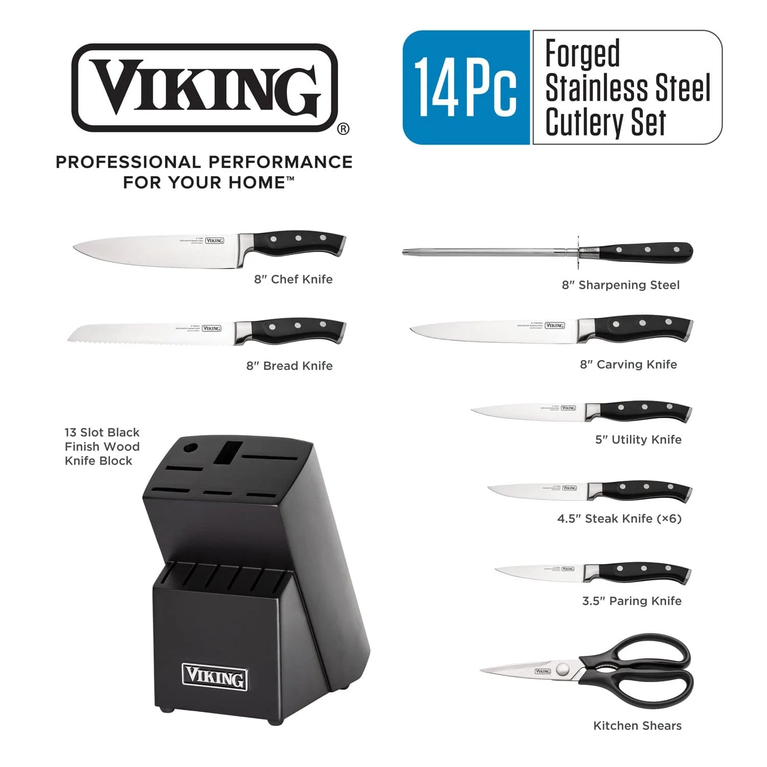 Viking 14-pc Stainless Steel Cutlery Block Set, Black Block - Image 4