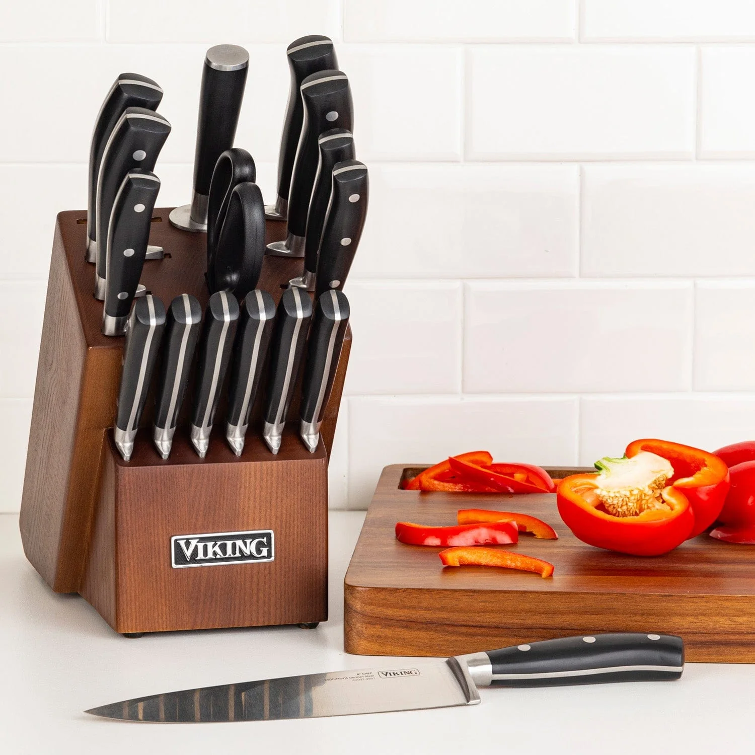 Viking 17-pc Stainless Steel Cutlery Set, Light Walnut Color Block - Image 4