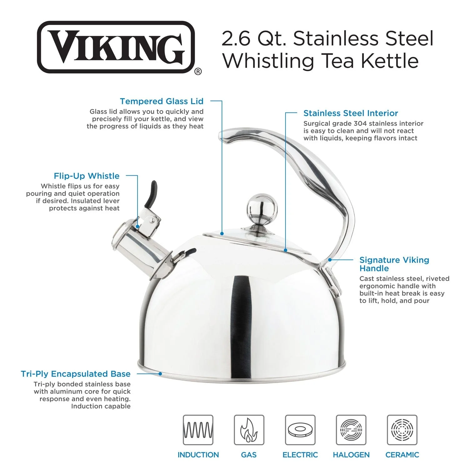 Viking 2.6-qt Stainless Steel Whistling Kettle with 3-Ply Base, Mirror Finish - Image 5
