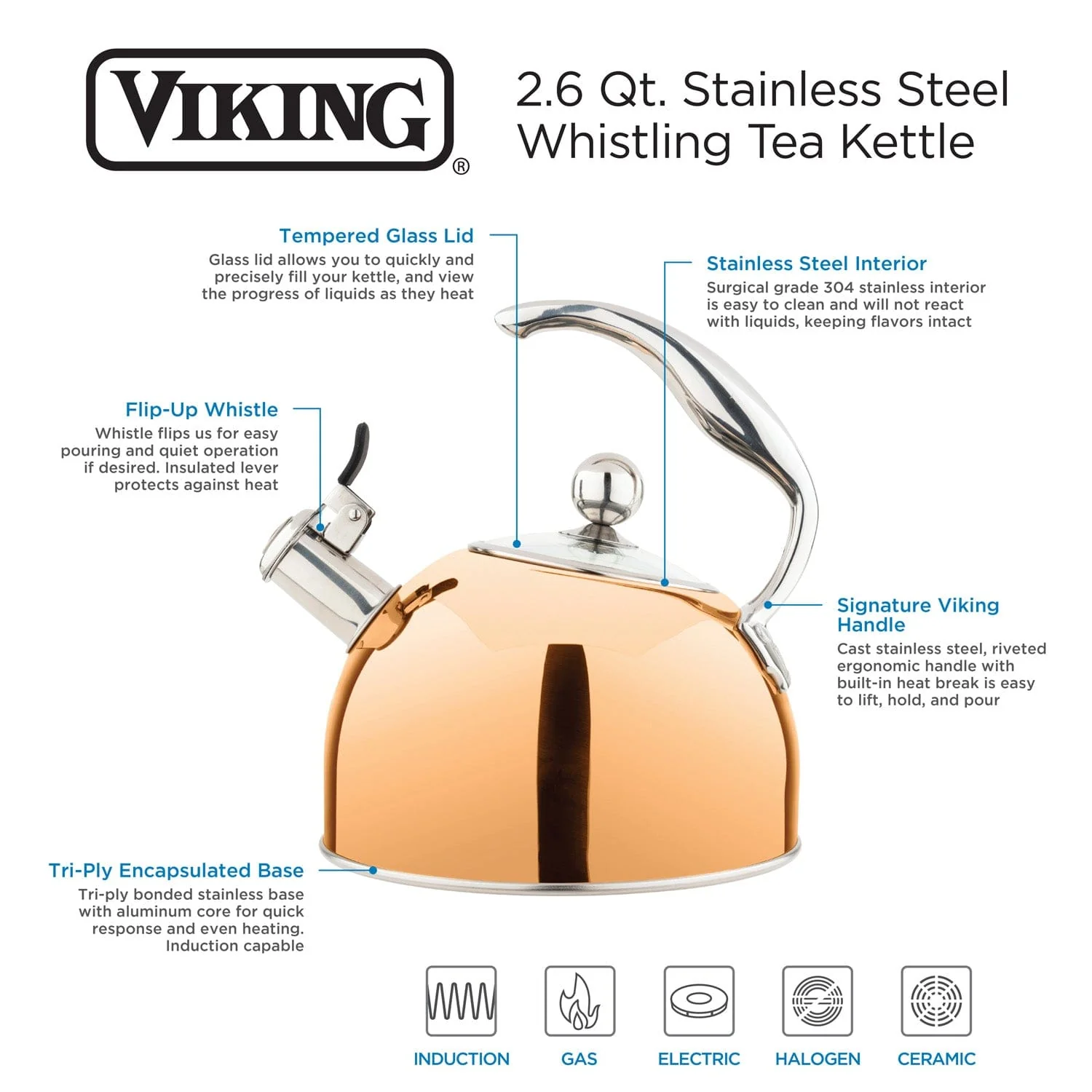 Viking 2.6-qt Stainless Steel Whistling Kettle with 3-Ply Base, Rose Gold - Image 5