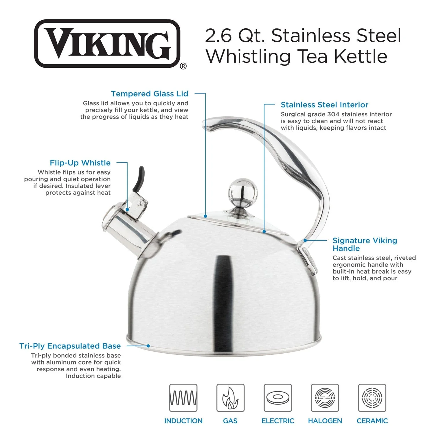 Viking 2.6-qt Stainless Steel Whistling Kettle with 3-Ply Base, Satin Finish - Image 5