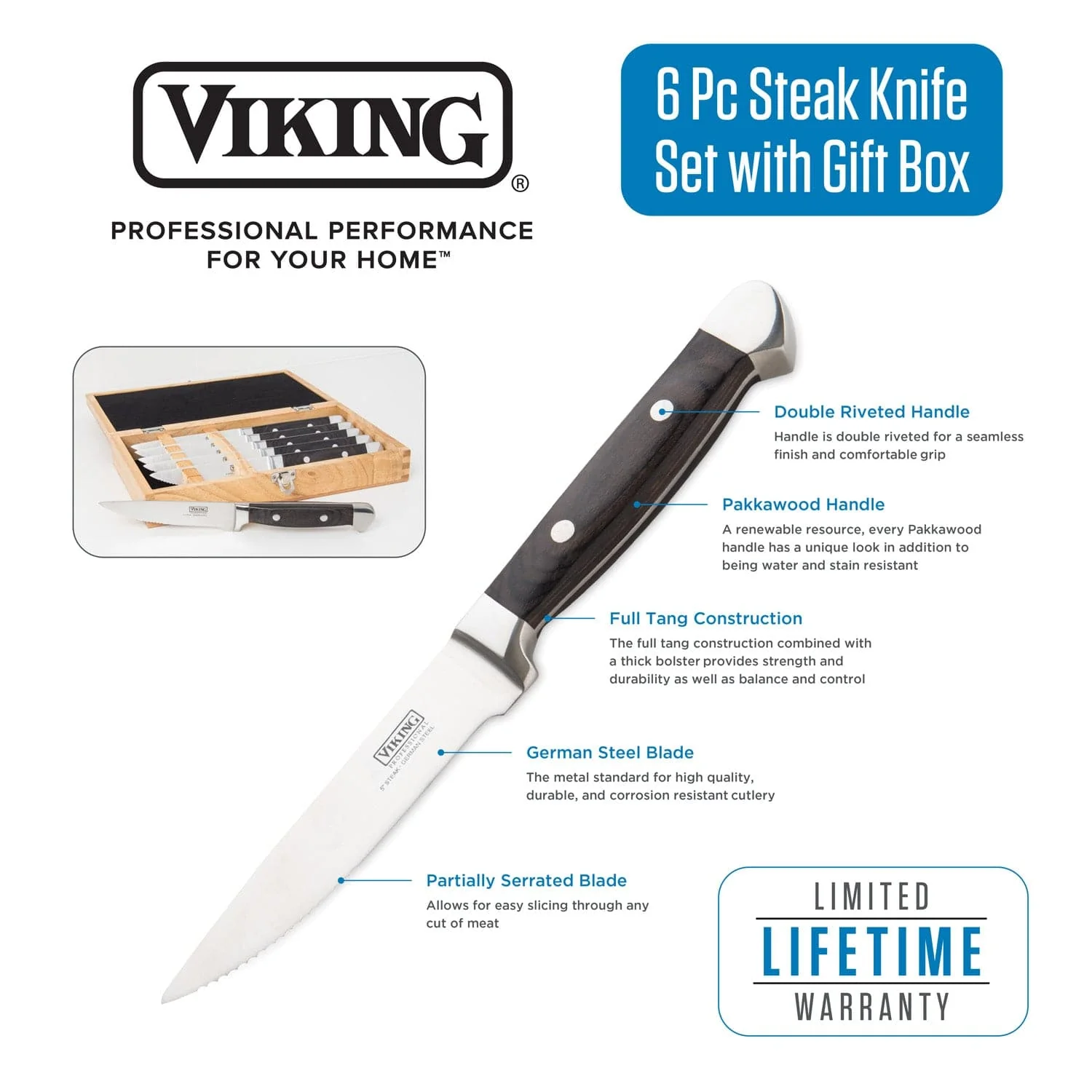 Viking German Steel Steakhouse 6-pc Steak Knife Set with Commemorative Box, Black Pakkawood - Image 3