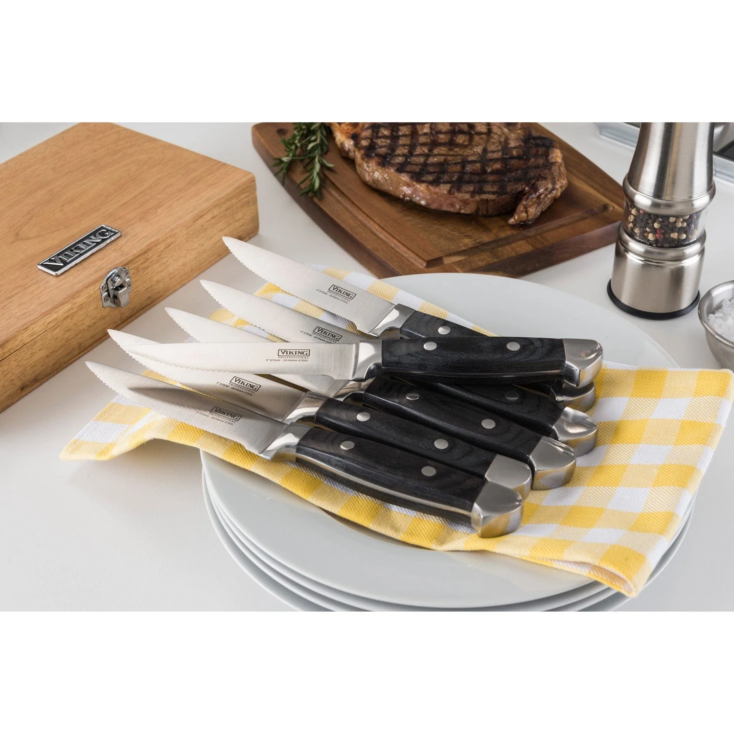 Viking German Steel Steakhouse 6-pc Steak Knife Set with Commemorative Box, Black Pakkawood - Image 4