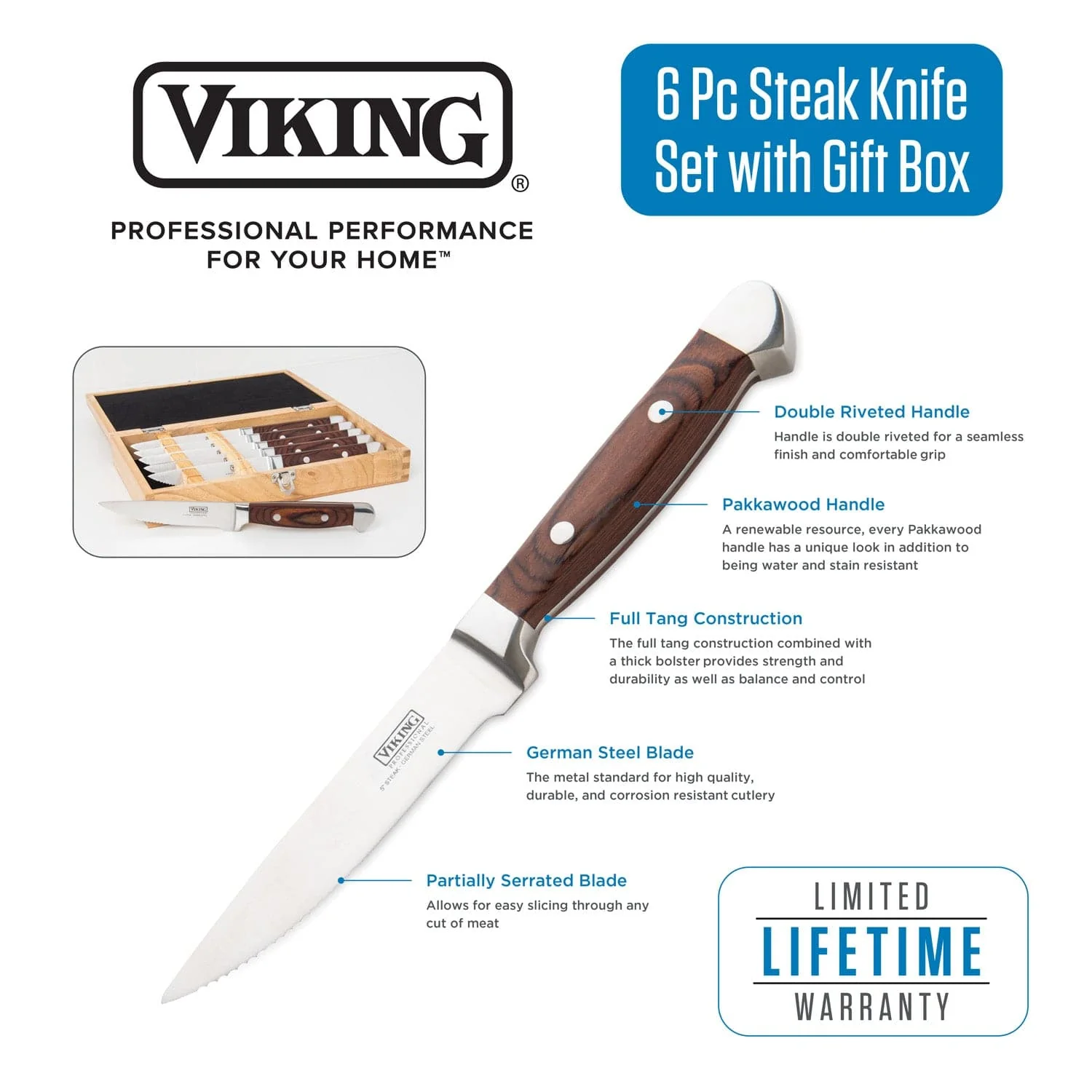 Viking German Steel Steakhouse 6-pc Steak Knife Set with Commemorative Box, Red Pakkawood - Image 3