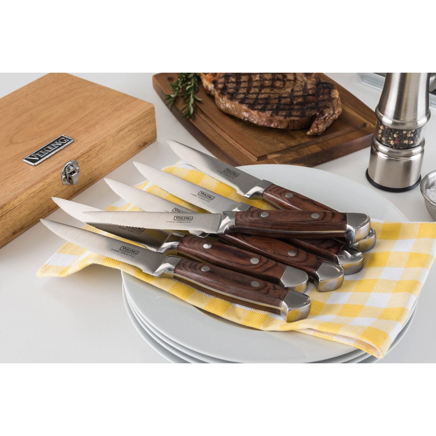 Viking German Steel Steakhouse 6-pc Steak Knife Set with Commemorative Box, Red Pakkawood - Image 4