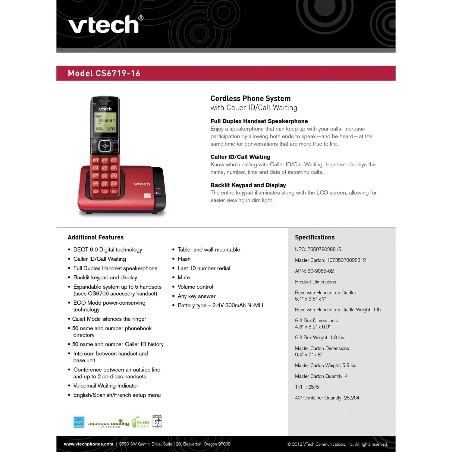 VTech 1-Handset DECT 6.0 Expandable Cordless Phone System for Landline, Caller ID/Call Waiting and Backlit Keypad/Display, CS6719-16 - Image 2