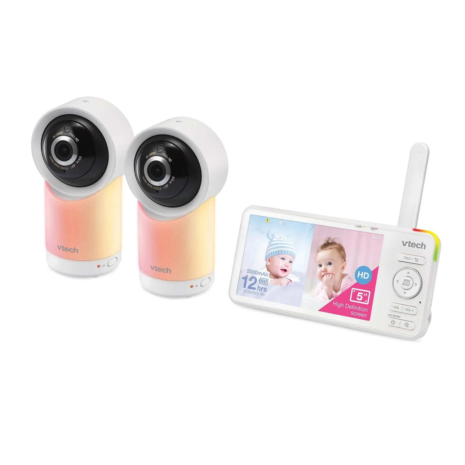 VTech RM57662HD Smart Wi-Fi 1080p 2-Camera 360°-Pan-and-Tilt Video Baby Monitor System with 5-In. Display, Night-Light, and Remote Access, White
