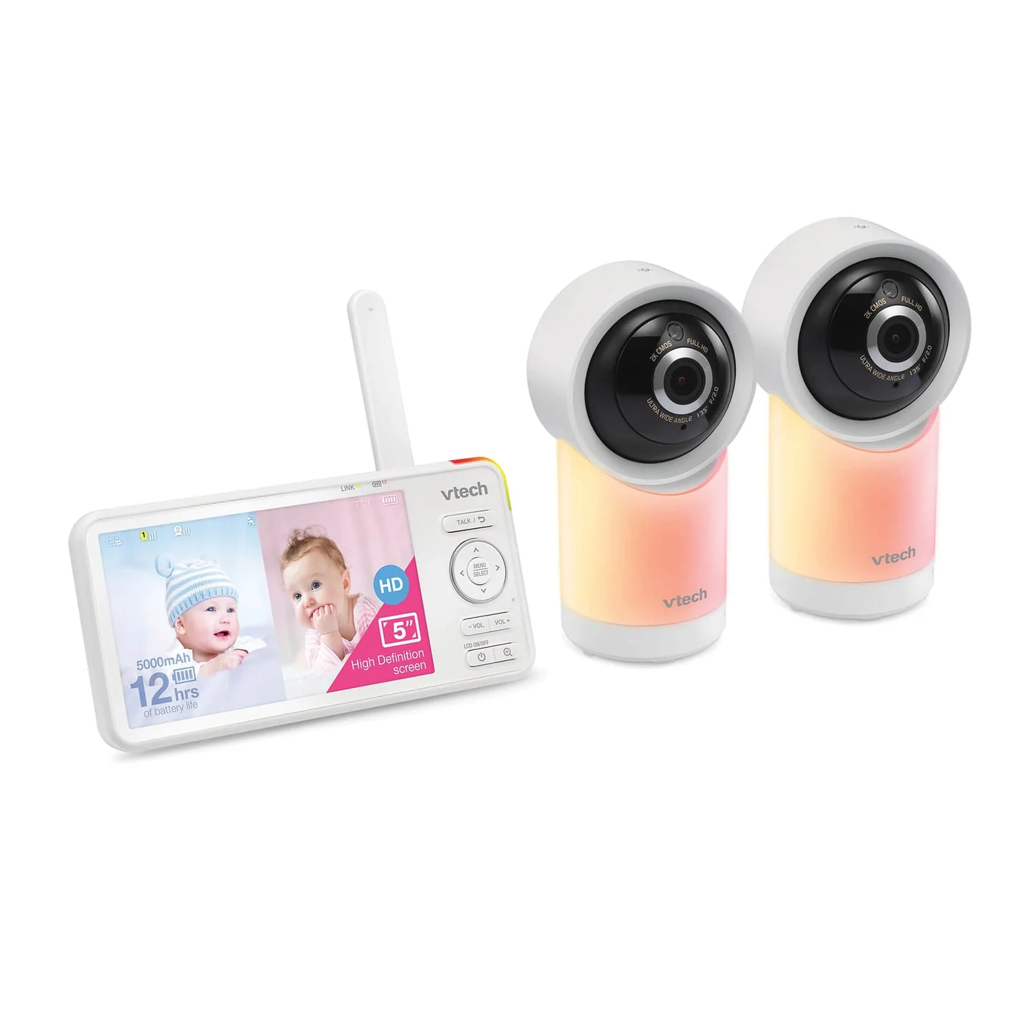 VTech RM57662HD Smart Wi-Fi 1080p 2-Camera 360°-Pan-and-Tilt Video Baby Monitor System with 5-In. Display, Night-Light, and Remote Access, White - Image 2