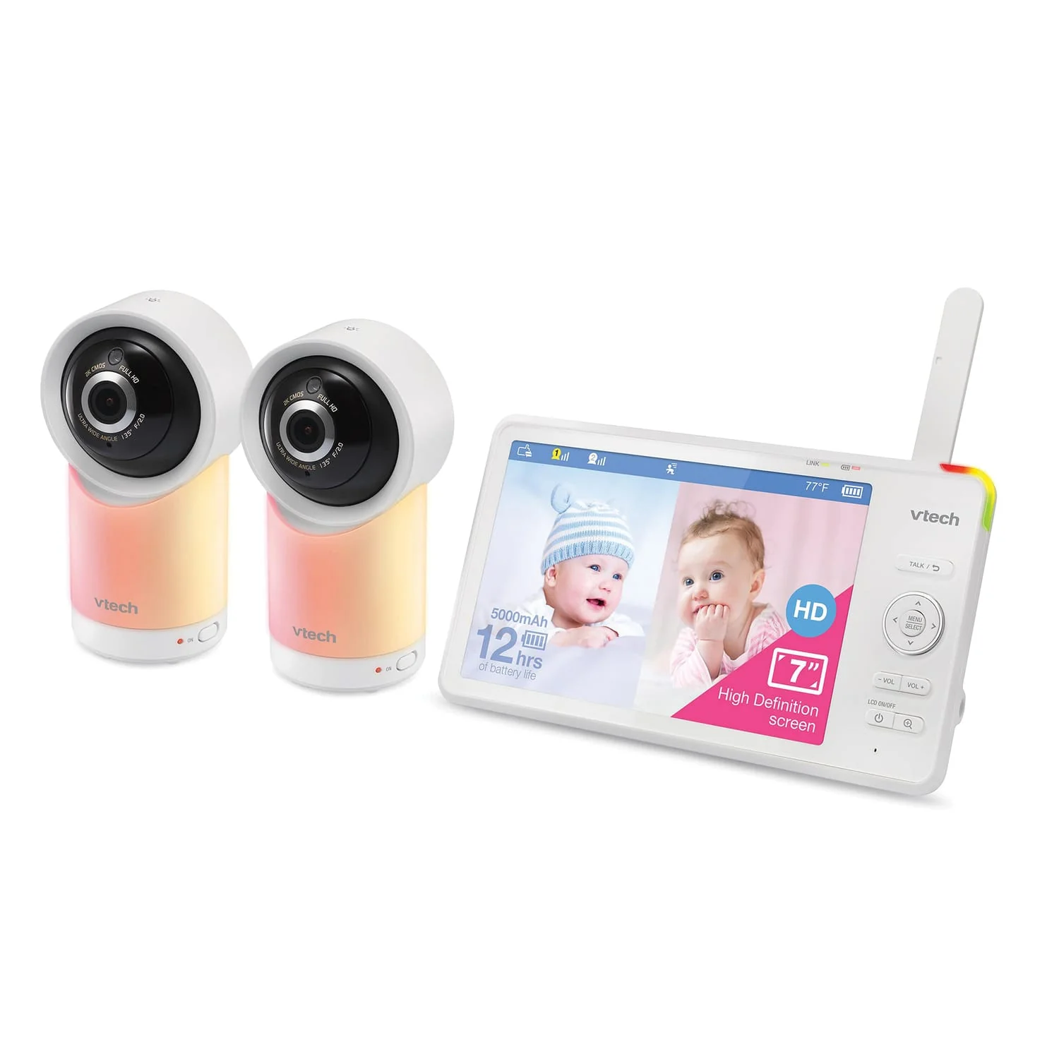 VTech RM77662HD Smart Wi-Fi 1080p 2-Camera 360°-Pan-and-Tilt Video Baby Monitor System with 7-In. Display, Night-Light, and Remote Access, White