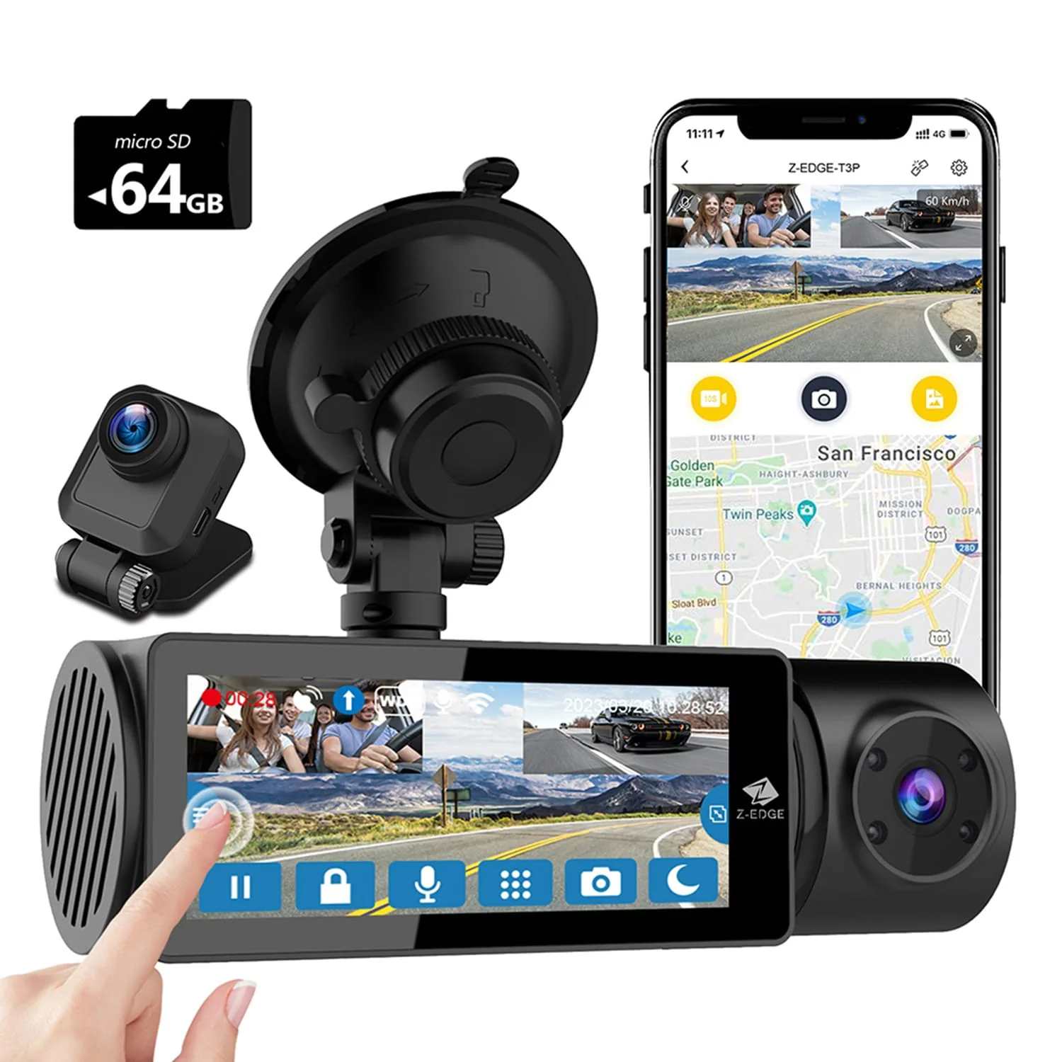 Z-Edge T3P Triple Car Cameras for 4K Front, and 1080p Inside and Rear, 3-Channel Touch-Screen Dash Camera with Wi-Fi and GPS - Image 4