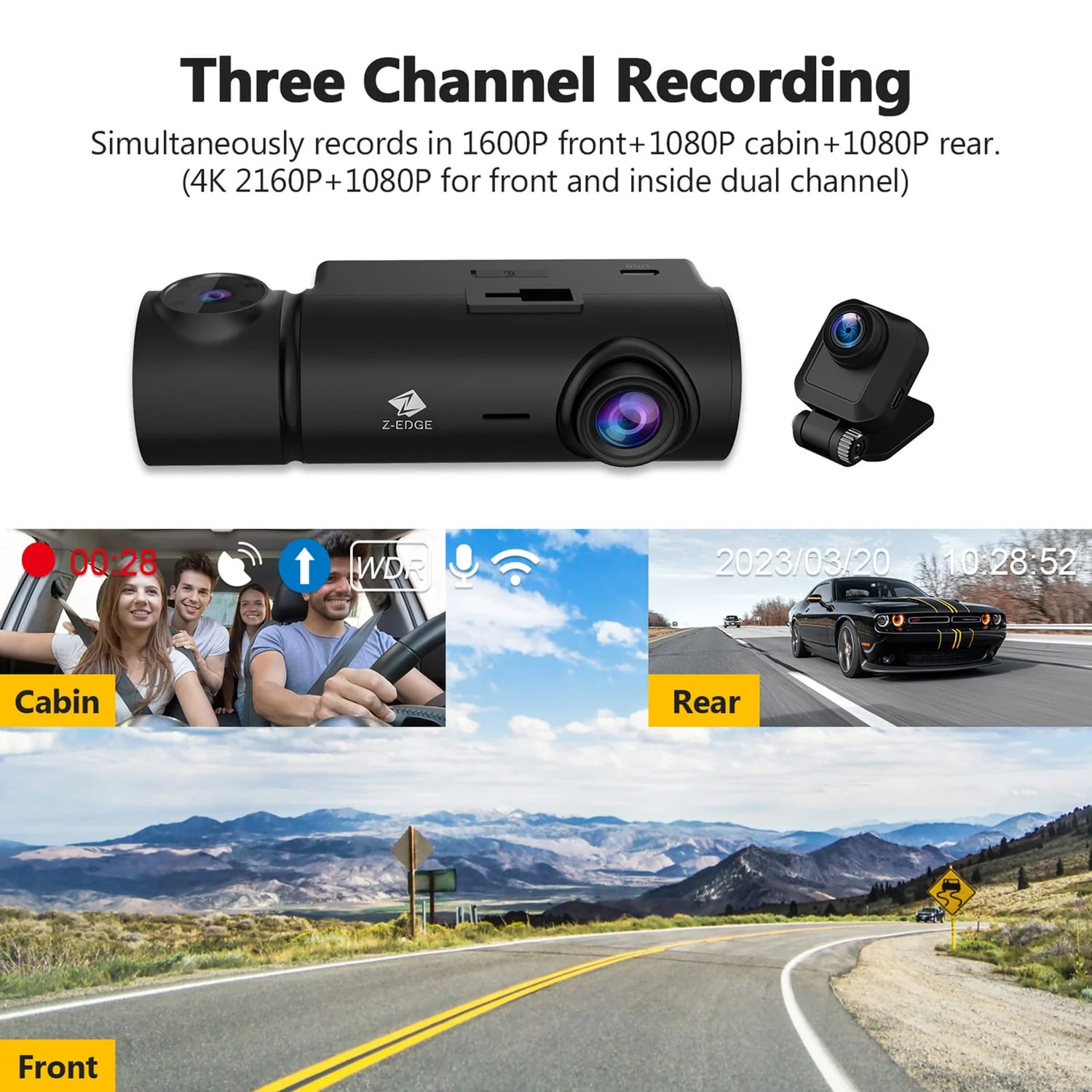 Z-Edge T3P Triple Car Cameras for 4K Front, and 1080p Inside and Rear, 3-Channel Touch-Screen Dash Camera with Wi-Fi and GPS - Image 5