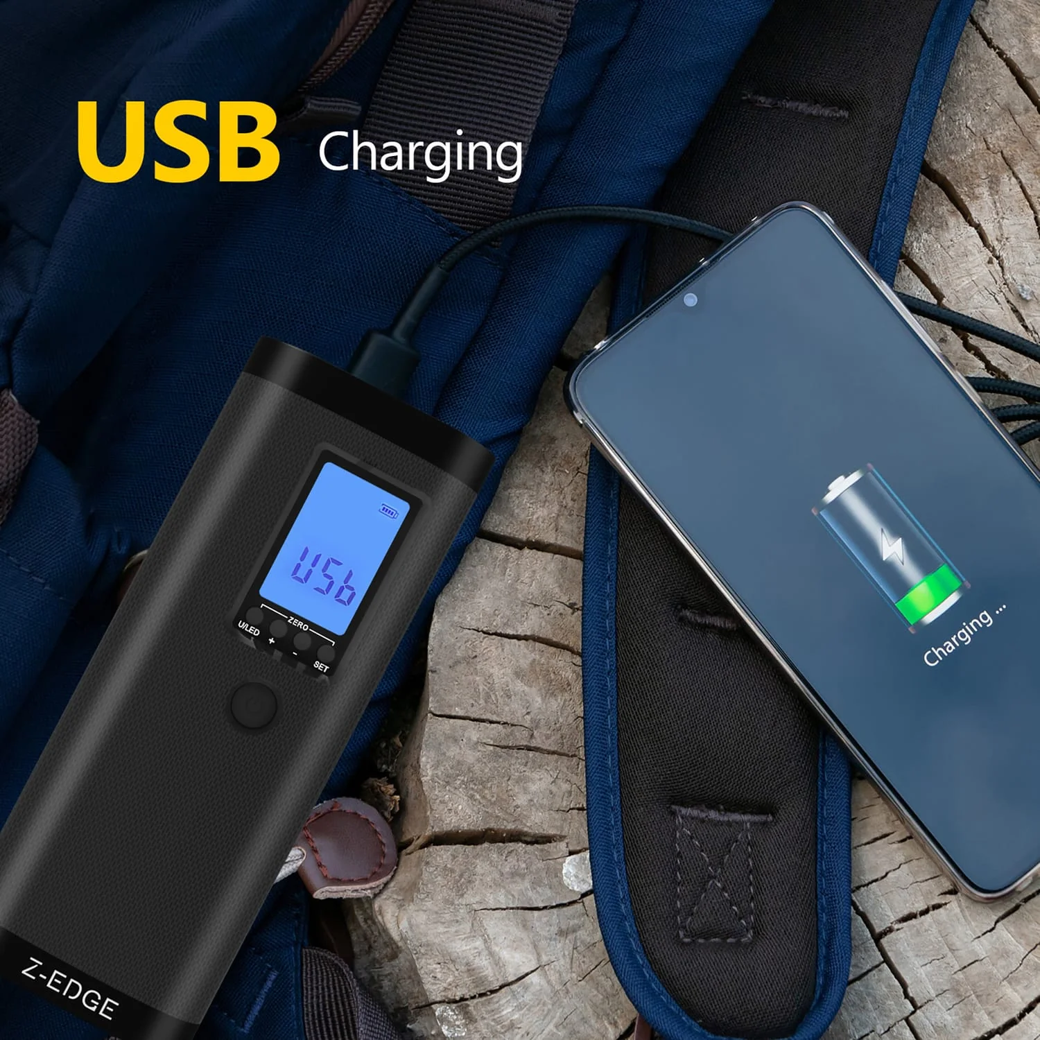 Z-Edge ZA103 Combo 150-PSI Portable Air Inflator and 2000-mAh Power Bank with Digital Display and Carrying Pouch, Black - Image 4