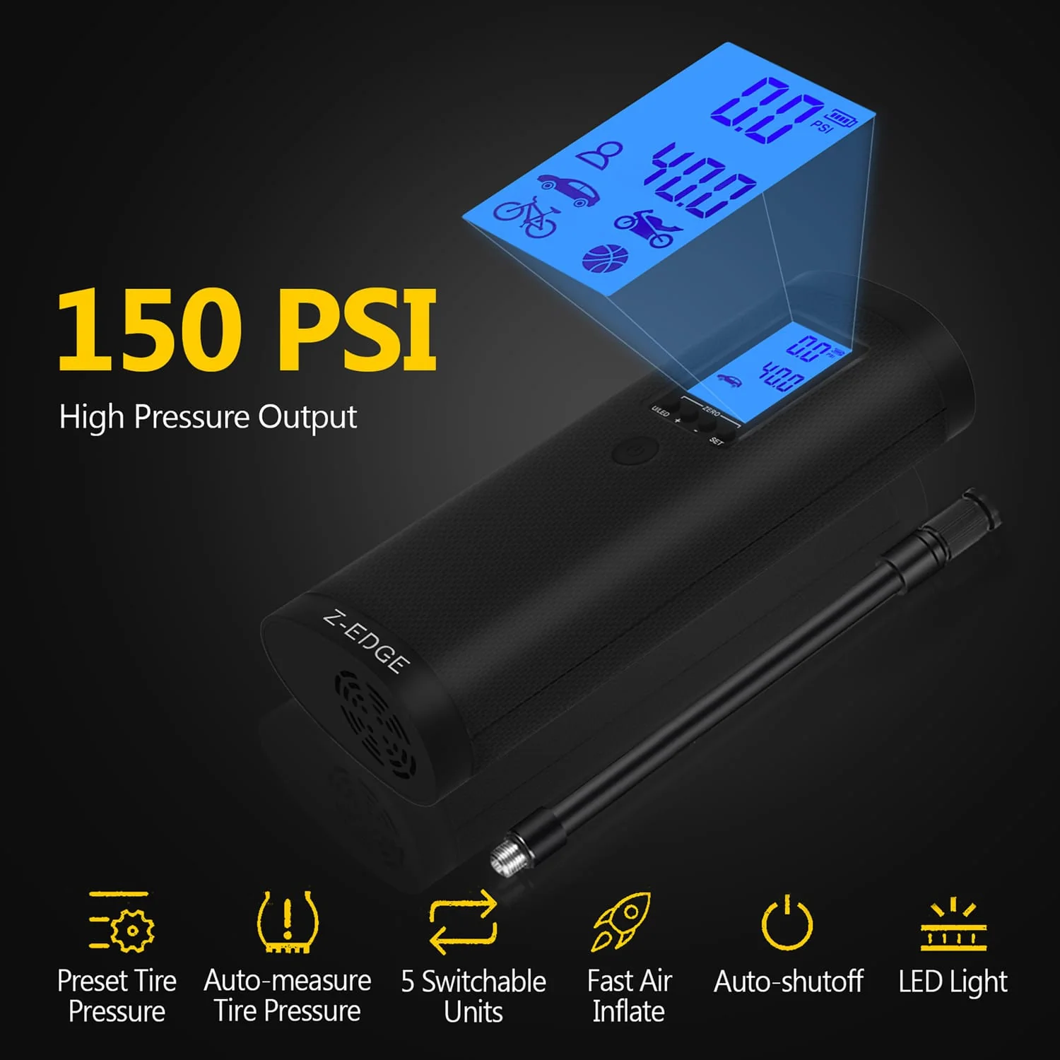 Z-Edge ZA103 Combo 150-PSI Portable Air Inflator and 2000-mAh Power Bank with Digital Display and Carrying Pouch, Black - Image 5